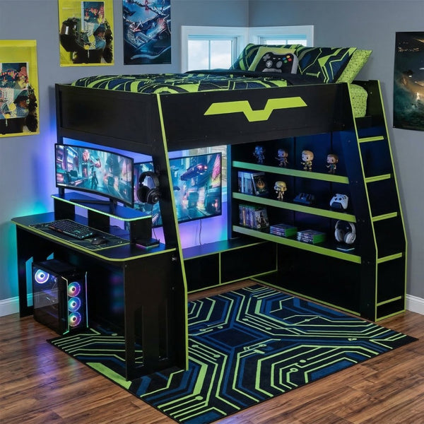 English Elm Full Size Wood Loft Bed with Rgb Lighting Desk and Multi-tier Shelves for Gaming Green LT000374AAG