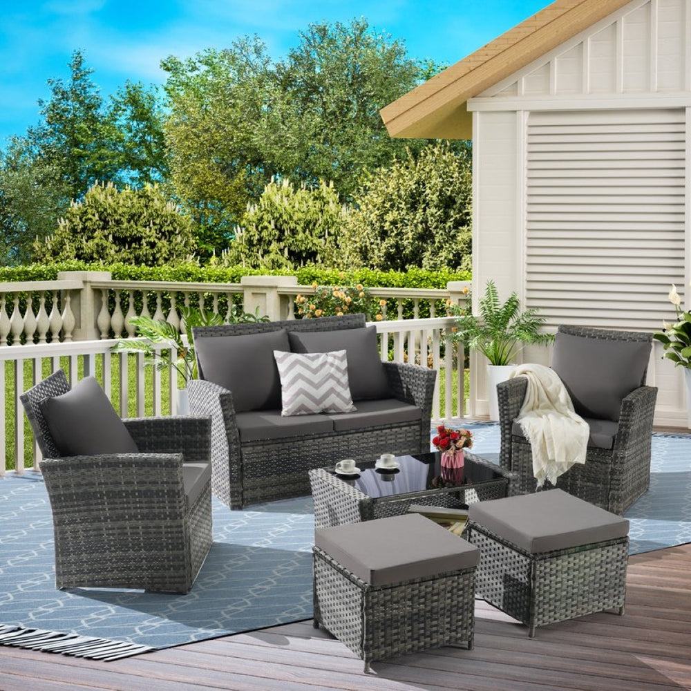 English Elm 6 Piece Outdoor Wicker Conversation Set with Tempered Glass Table and Ottomans W874P264688