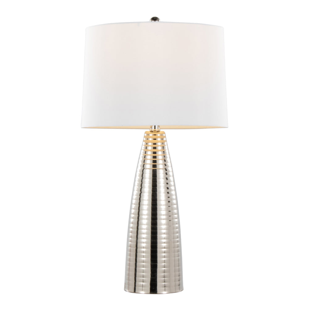 English Elm Maya Polished Nickel Table Lamp Set of 2 — 27" Contemporary Ribbed Metal Base with White Linen Shade, 3-Way B202P224098