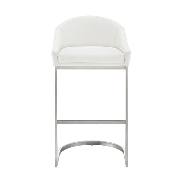 English Elm Zevrin Brushed Stainless Steel Bar Stool with White Faux Leather, Cantilever Base, 400lb Capacity B2736P354389