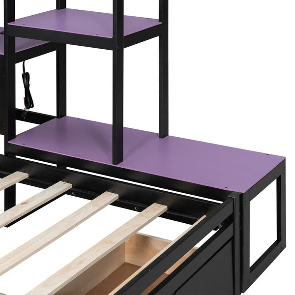 English Elm Twin Gaming Daybed with Led Strips Desk Pegboard Bookcase and Three Storage Drawers Purple+Black N820S00083I