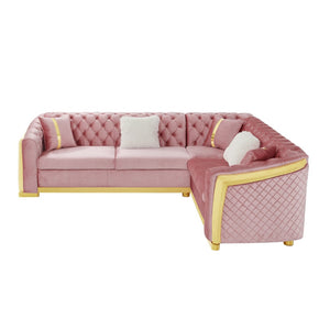 English Elm 106 Inch Velvet Tufted Chesterfield Sectional with Gold Steel Legs for Large Living Rooms Pink W1191S00129