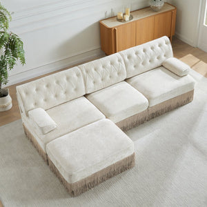 English Elm 3-seater Velvet Modular Sectional Sofa with Button Tufting Tassel Skirt Living Room Beige W714S01686