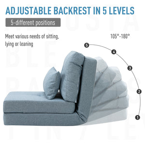 English Elm HOMCOM Convertible Flip Chair Floor Sofa Bed with 5-Position Backrest, Steel Frame, 2 Pillows - Blue W2225P229455