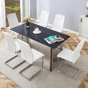 English Elm Table Set With Black Marble-Patterned Top & Stainless Steel Legs, 6 White Pu Chairs For Elegance W1151S01958-GIGA