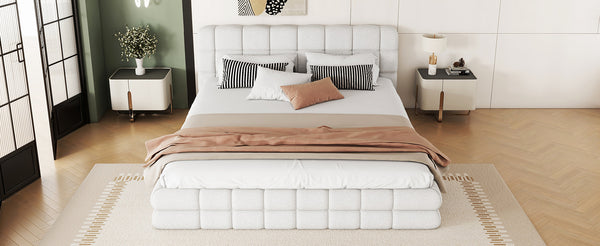 English Elm Queen Upholstered Platform Bed with Padded Headboard, Slat Support, Modern Stitch Detail for Comfort White DL001520AAK