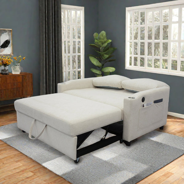 English Elm 1 Versatile Foldable Sofa Bed in Beige Velvet – 3-Length Convertible Pull-Out with USB, Storage, Swivel Phone Stand and Ashtray W1183S00014