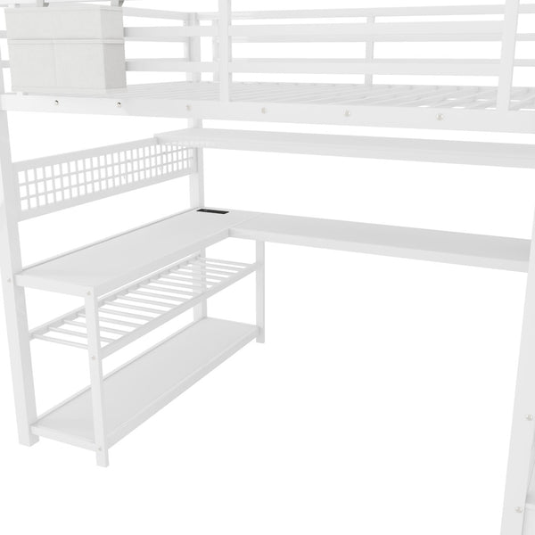 English Elm Full Size Steel Loft Bed with Staircase Storage Wardrobe Desk and Led Lighting White W2593S00078