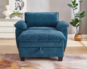 English Elm 51" Oversize Chaise Lounge Chair with Ottoman and Hidden Storage Upholstered in Soft Chenille Comfort Blue W1097S00153