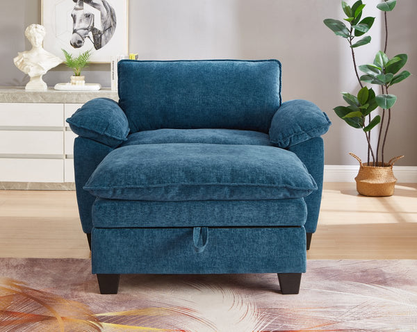 English Elm 51" Oversize Chaise Lounge Chair with Ottoman and Hidden Storage Upholstered in Soft Chenille Comfort Blue W1097S00153