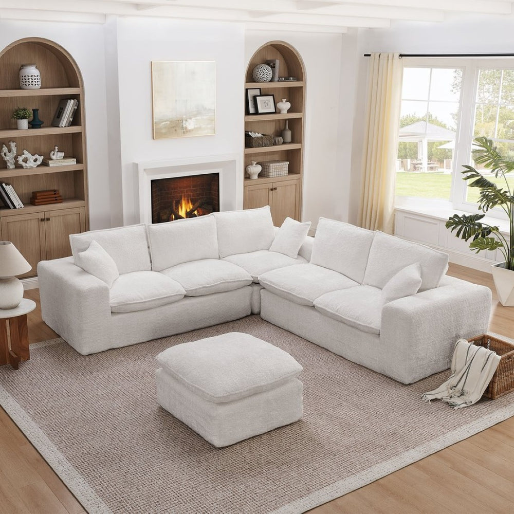 English Elm 107'' Boucle Modular Sectional Sofa Deep Cloud Cushions Reversible Chaise Living Room Beige W1413S00161