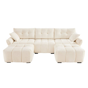 English Elm 3 Seater Sofa Set With Ottoman And Throw Pillows – Tufted Chenille Comfort, Solid Wood Frame, Durable Elegance White W714S01138