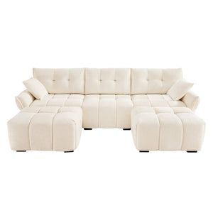 English Elm 3 Seater Chenille Sofa with Ottoman Tufted Arms Solid Wood Frame Lounge Couch White W714S01654