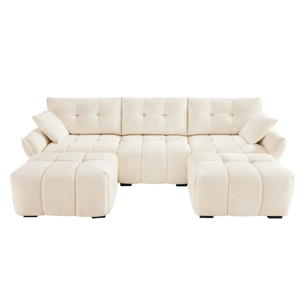 English Elm 3 Seater Chenille Sofa with Ottoman Tufted Arms Solid Wood Frame Lounge Couch White W714S01654