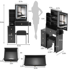 English Elm 29.2" Compact Vanity Table Set With Led Mirror, Power Station, Cushioned Stool, Hair Dryer Bracket W936P226040