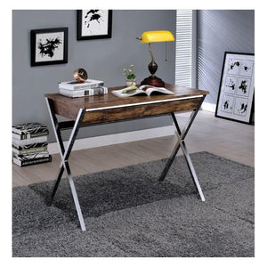 English Elm Rectangular Writing Desk With 2 Drawers, Weathered Oak Top & Chrome "X" Legs For Modern Spaces B016P311328-GIGA