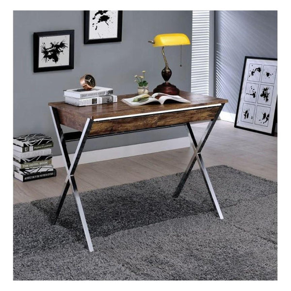 English Elm Rectangular Writing Desk With 2 Drawers, Weathered Oak Top & Chrome "X" Legs For Modern Spaces B016P311328-GIGA