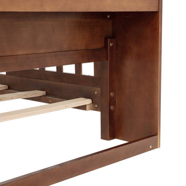 English Elm Full Pine Wood Bed with Bookcase Headboard, LED Motion Sensor, Guardrails & Ample Walnut Storage W504P281004