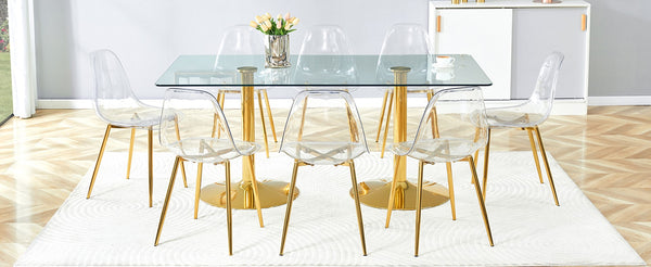 English Elm Table and Chair Set Tempered Glass Top with Gold Leg Ghost Seats for Dining Room W1151S04559