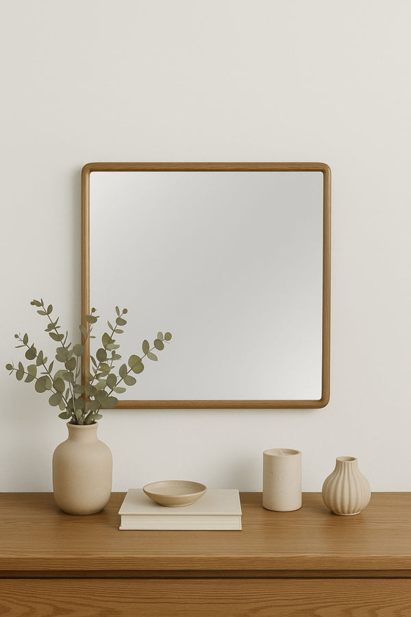 English Elm Small Mirror Elm Veneer Frame in Peppercorn Finish — Rounded Corners, Durable Glass, Modern Accent Mirror for Walls Light Brown 40 L x 40.5 W x 4.25 H B2699P402557