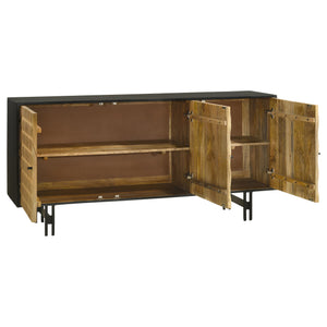 English Elm Madrid Rustic Natural & Black 3-Door Accent Cabinet with Textured Wood Doors, Adjustable Shelves, Iron Knobs (64"W) B062P358339