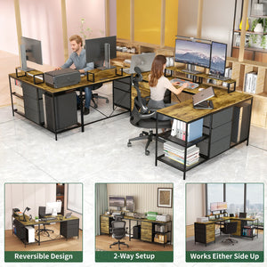 English Elm 114 Industrial L-Shaped Desk 114" with Power Hub & USB-C, 6 Fabric Drawers, 3 Shelves, Rustic Brown W2735P332342