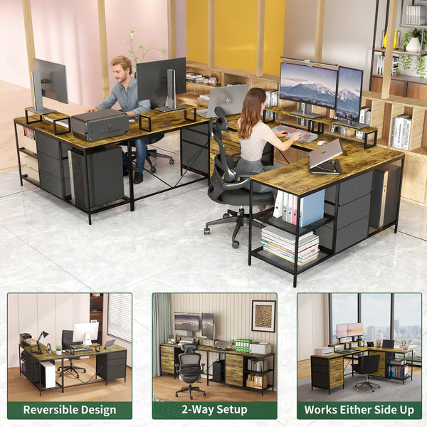 English Elm 114 Industrial L-Shaped Desk 114" with Power Hub & USB-C, 6 Fabric Drawers, 3 Shelves, Rustic Brown W2735P332342