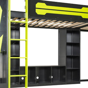 English Elm L-shaped Gaming Loft Bunk Bed Twin Wood Frame Rgb Lighting Usb Ports Storage Shelves Green LT000295AAG