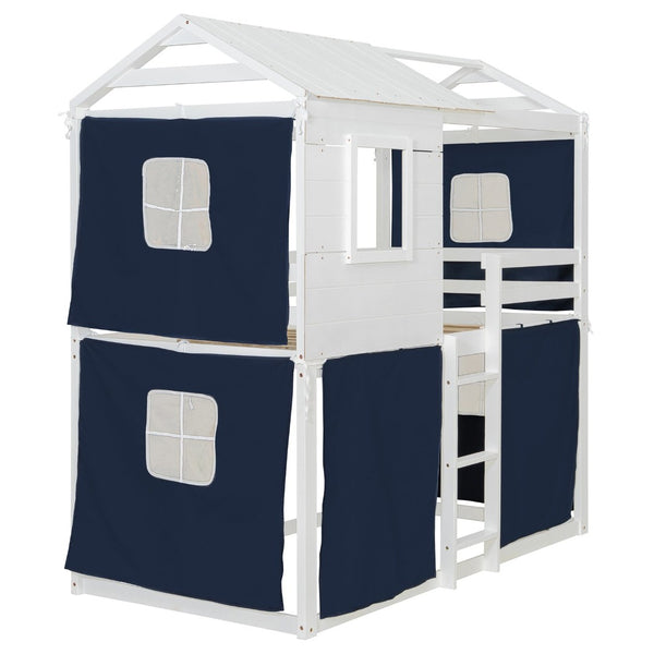 English Elm Twin Treehouse Bunk Bed Solid Pine Playhouse Frame with Cozy Canvas Tent Hideaway LT000379AAC-1