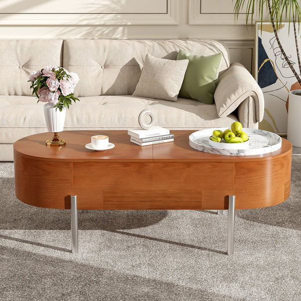 English Elm VIBE 47.2" Oval Lift-Top Coffee Table with Hydraulic Lift, Hidden Storage, Rotating Tray, Modern Design Brown N724P228920D