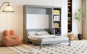 English Elm Full Murphy Bed with Storage Cabinets and Shelves, Space-Saving Wooden Wall Bed with 600lb Capacity Gray N7090004015E
