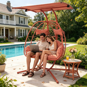 English Elm 2-person Wicker Egg Swing Chair with Canopy Steel Stand Outdoor Patio Lounger T5880P502252