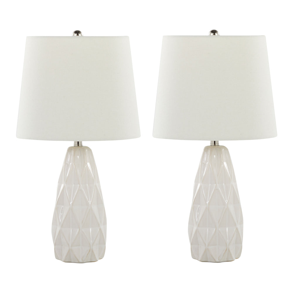 English Elm Hex 20" Contemporary Ceramic Accent Lamp Set of 2 — Textured Off-White Base, Linen Shade, Polished Nickel Trim B202P224020