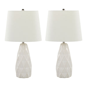 English Elm Hex 20" Contemporary Ceramic Accent Lamp Set of 2 — Textured Off-White Base, Linen Shade, Polished Nickel Trim B202P224020