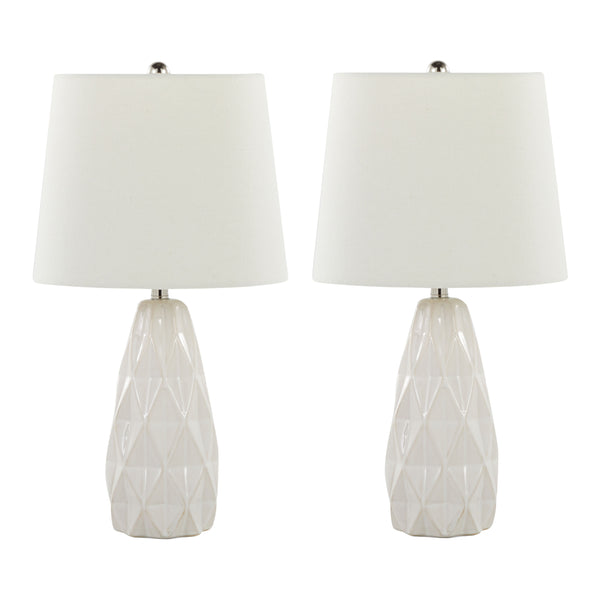 English Elm Hex 20" Contemporary Ceramic Accent Lamp Set of 2 — Textured Off-White Base, Linen Shade, Polished Nickel Trim B202P224020
