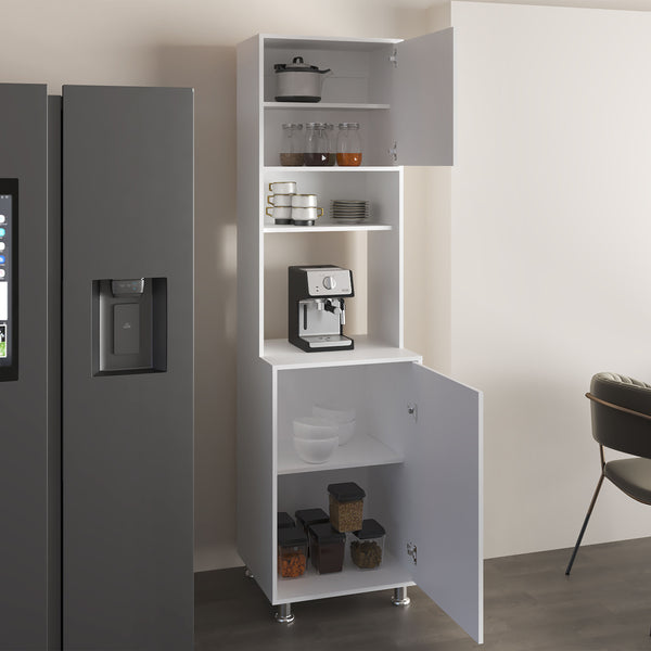 English Elm Antares Slim Kitchen Pantry Cabinet in Kronos White with Open Middle Shelf, Upper & Lower Storage B200P335365