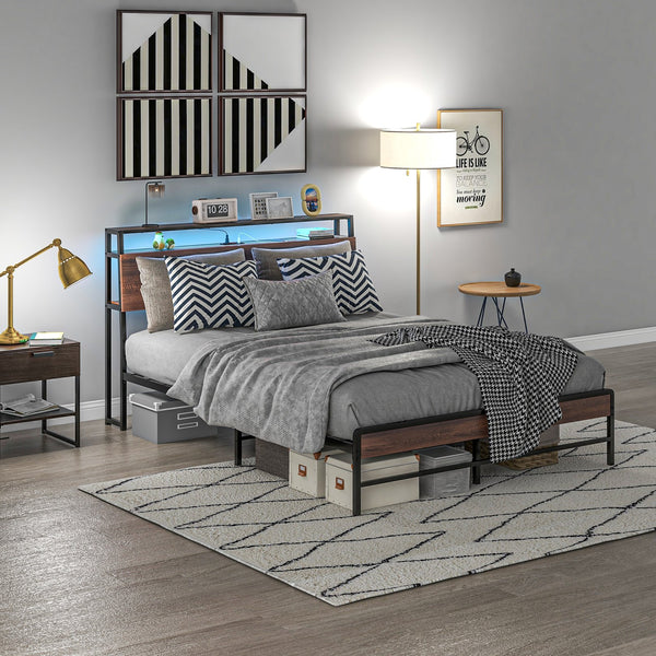 English Elm HOMCOM LED Platform Queen Bed Frame with USB-C Charging Station, 3-Tier Shelf, Noise-Free Support Walnut W2225P249912