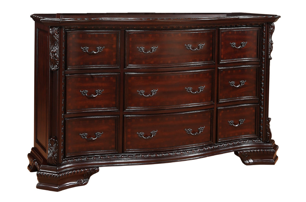 English Elm 1pc Classic Nine-Drawer Dresser 64"x20"x38" Dark Cherry Finish Antique Brass Handles Solid Wood B2741P366067