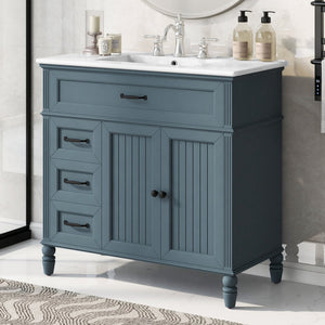 English Elm 36" Modern Bathroom Vanity with Ceramic Sink, Solid Wood + MDF Frame, Sleek Freestanding Design Blue N725P195410C