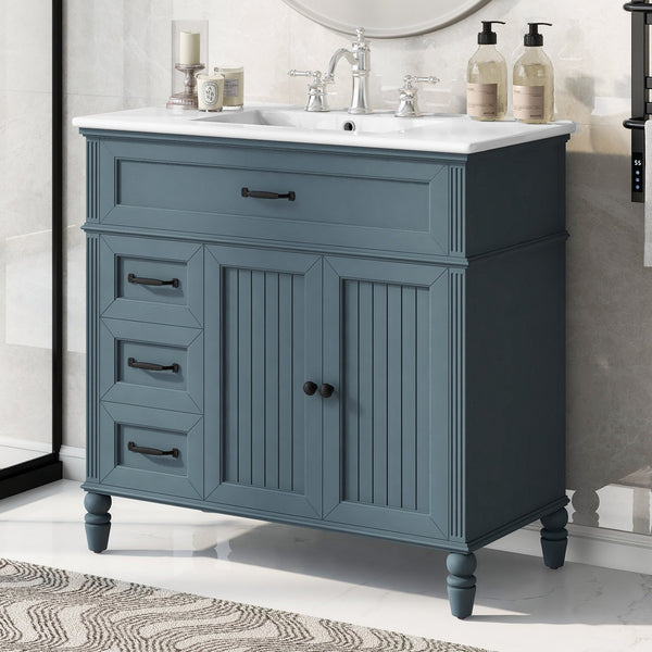 English Elm 36" Modern Bathroom Vanity with Ceramic Sink, Solid Wood + MDF Frame, Sleek Freestanding Design Blue N725P195410C