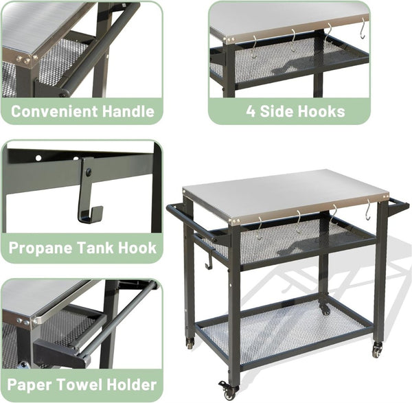 English Elm 3-shelf Outdoor Grill Cart with Stainless Steel Top Rolling Wheels Bbq Prep Station W1859P191833
