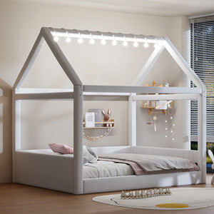 English Elm Full Size Upholstered House Daybed With Led Lighting, Cozy Beige Corduroy For Kids & Guests N7500001335A