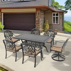 English Elm 7-Piece Outdoor All-Weather Dining Set With Swivel Chairs, Cushions, And Stylish Black Frame W1710S00370