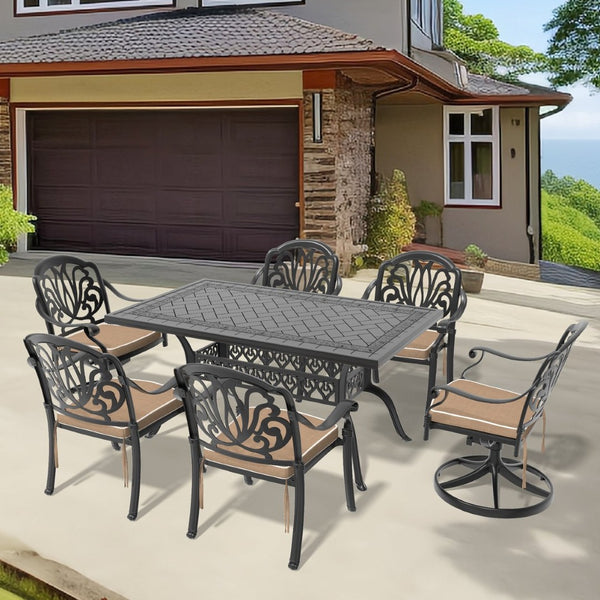 English Elm 7-piece Cast Aluminum Outdoor Dining Set with Carved Relief Detail and Swivel Chairs W1710S00619