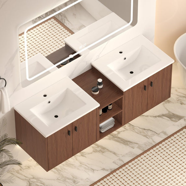 English Elm 60in Reddish Brown Mdf Bathroom Vanity with Soft Close Doors and Versatile Storage W3133S00022