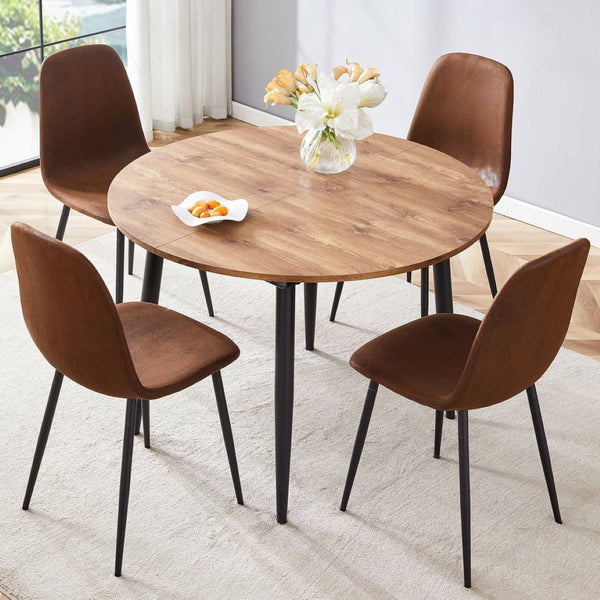 English Elm Table And Chair Set - Modern Extendable Round-To-Oval Dining Table With 4 Plush Suede Chairs For Comfort W1151S04100-GIGA