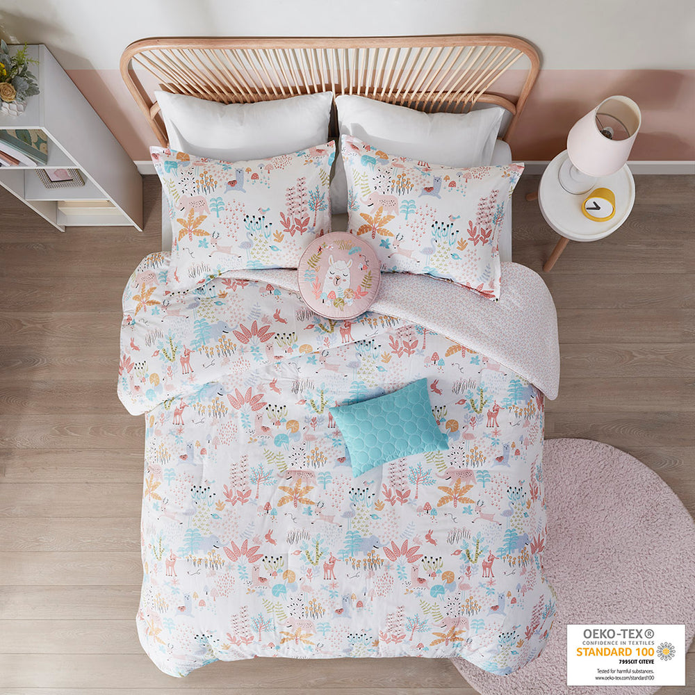JLA Home Urban Habitat Kids - Woodland Reversible Cotton Comforter Set with Cute Forest Animals, Ditsy Floral Reverse, OEKO‑TEX Safe, Antimicrobial Pillows Included UHK10-0157