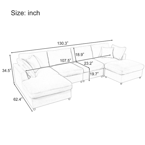 English Elm U_STYLE 130" U-shaped Modular Sectional Sofa with 2 Ottomans, Chenille Comfort, Pocket Coils, 6-Piece Flex Seating Beige WY000454AAA