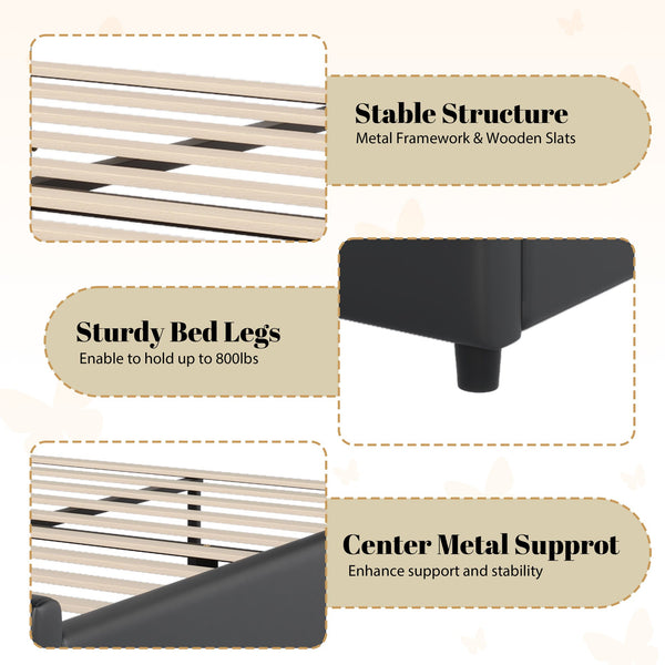 English Elm Christopher Knight Home® - Full Upholstered PU Leather Bed Frame with Butterfly Headboard, Gold Accents, Solid Wood Platform Black 78.25 L x 10 W x 3.25 H N761S0000018B