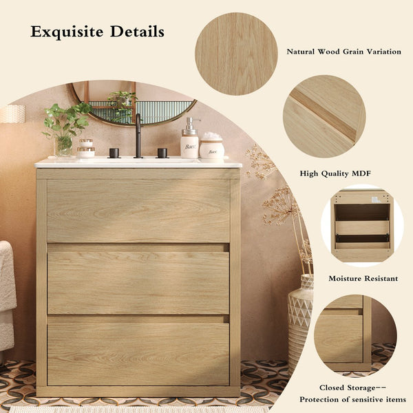 English Elm Christopher Knight Home® - 30" Bathroom Vanity with Ceramic Sink, 2 Soft-Close Full-Extension Drawers, Handle-Free 45° Design, Durable MDF Natural N817P280549N